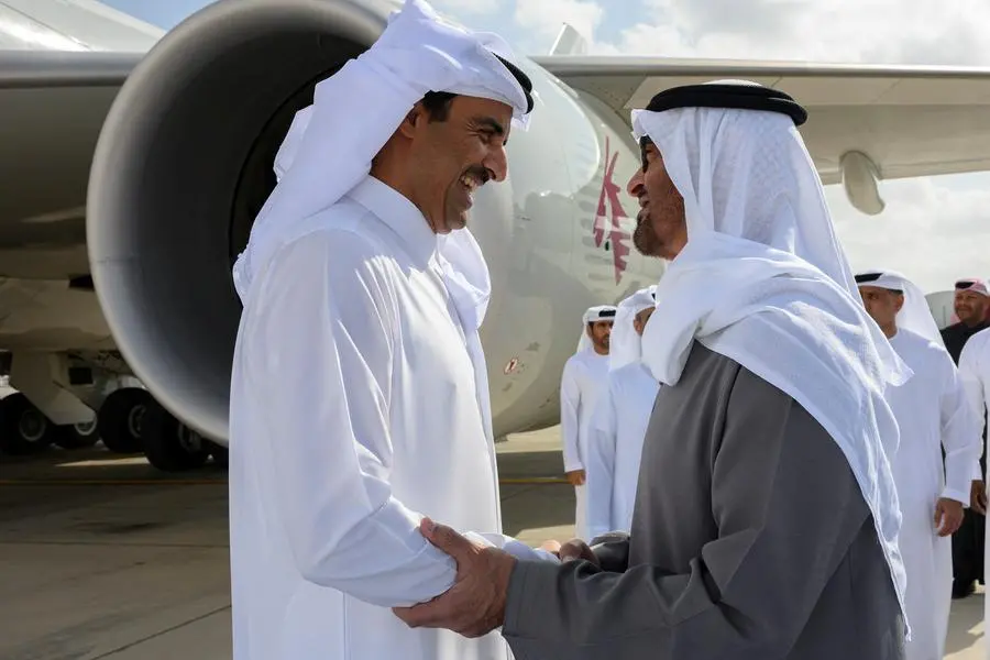 President of United Arab Emirates Sheikh Mohamed bin Zayed Al Nahyan receives Sheikh Tamim bin Hamad Al Thani Emir of Qatar, at the Presidential Airport, in Abu Dhabi, United Arab Emirates, January 18, 2023. Abdulla Al Neyadi/UAE Presidential Court/Handout via REUTERS