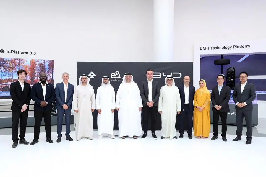Setting a new precedent in the UAE\\u2019s journey towards net-zero emissions, Al-Futtaim Electric Mobility Company and e& signed a partnership to deploy a fleet of one hundred BYD electric vehicles in the UAE. Image courtesy: Al-Futtaim Electric Mobility