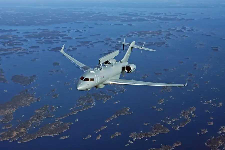 <p>GlobalEye aircraft flying over an archipelago</p>\\n