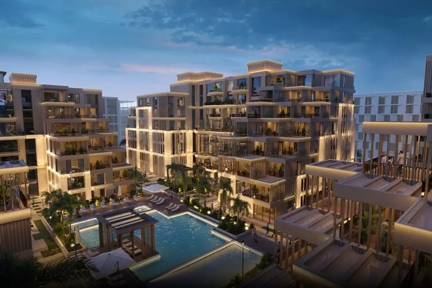 Rendering of Arisha Terraces, a 414-unit residential development by QUBE Development in Dubai Studio City.