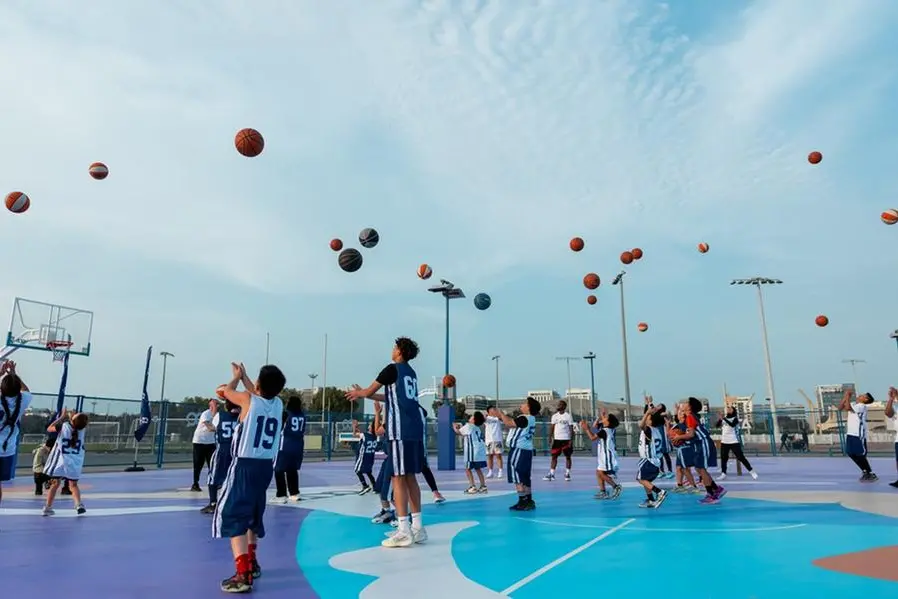 Jr. NBA/Jr. WNBA Abu Dhabi League players take part in an NBA Fit clinic on the first newly refurbished basketball court in Abu Dhabi as part of the collaboration, a key community initiative to promote a healthy and active lifestyle.