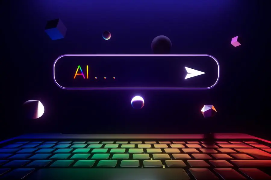 Digital generated image of AI search frame with multiple geometrical shapes flying around. Technology and AI concept. Image used for illustrative purpose. Getty Images , Getty Images