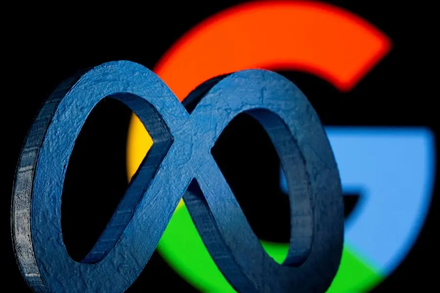 FILE PHOTO: A 3D-printed Facebook\\'s new rebrand logo Meta is seen in front of displayed Google logo in this illustration taken on November 2, 2021. REUTERS/Dado Ruvic/Illustration. , Reuters