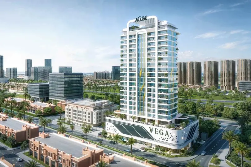 Rendering of Acube\\'s AED1.5 billion VEGA residential tower in Dubai Sports City.