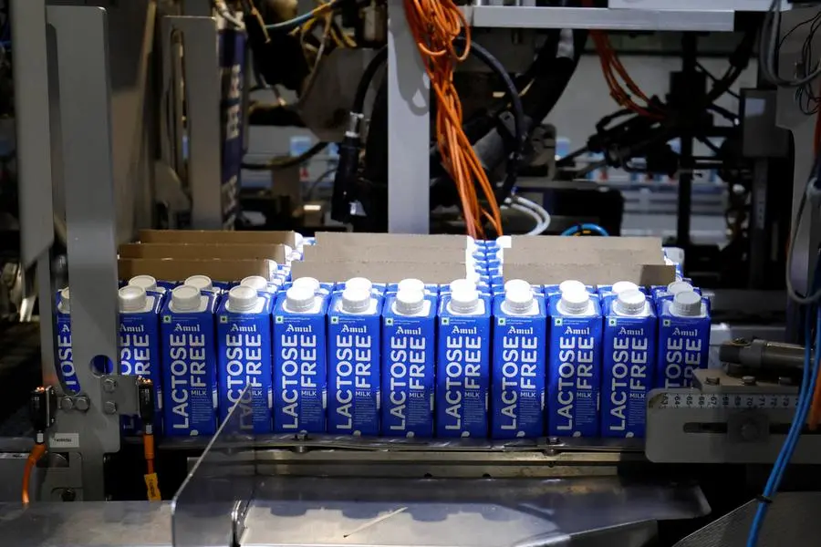 Amul Lactose Free Milk tetra packs go through a production line of AmulFed Dairy in Gandhinagar, Gujarat, India, May 5, 2025.REUTERS/Amit Dave. , Reuters