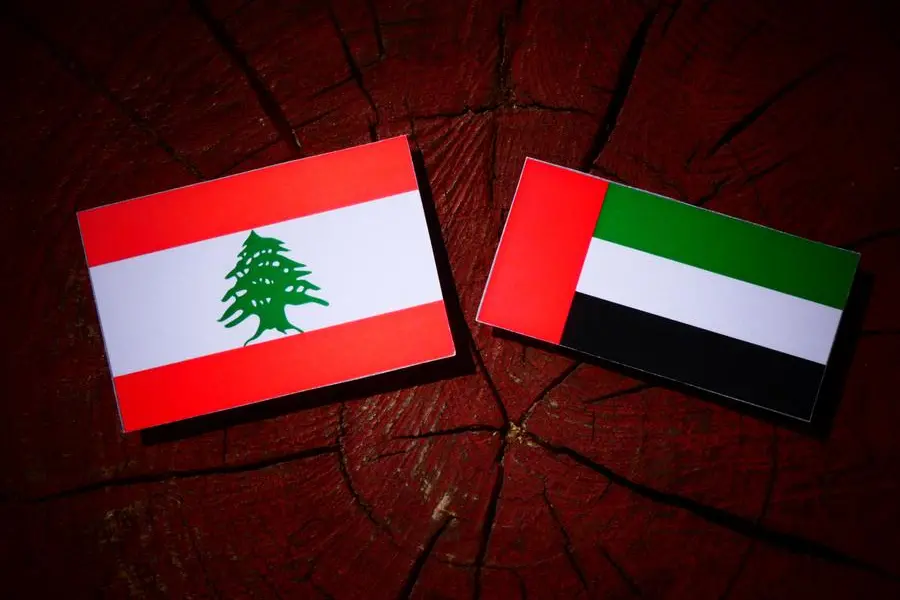Lebanese flag with United Arab Emirates flag on a tree stump isolated. Image used for illustrative purpose. Image courtesy: Getty Images/ Golden_Brown