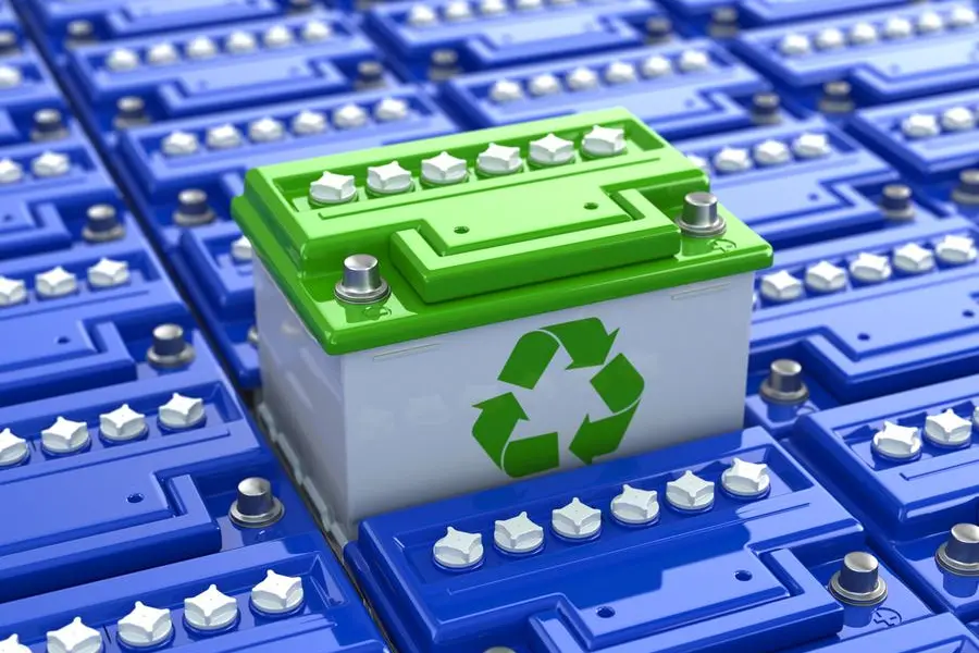 Car battery recycling. Green energy. Background from accumulators. 3d. Image used for illustrative purpose. Image courtesy: Bet Noire/ Getty Images