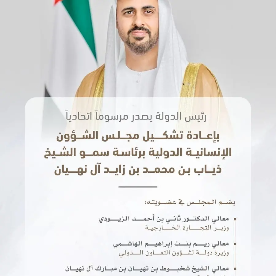 رئيس الدولة يصدر مرسوماً اتحادياً بإعادة تشكيل مجلس الشؤون الإنسانية الدولية برئاسة ذياب بن محمد بن زايد