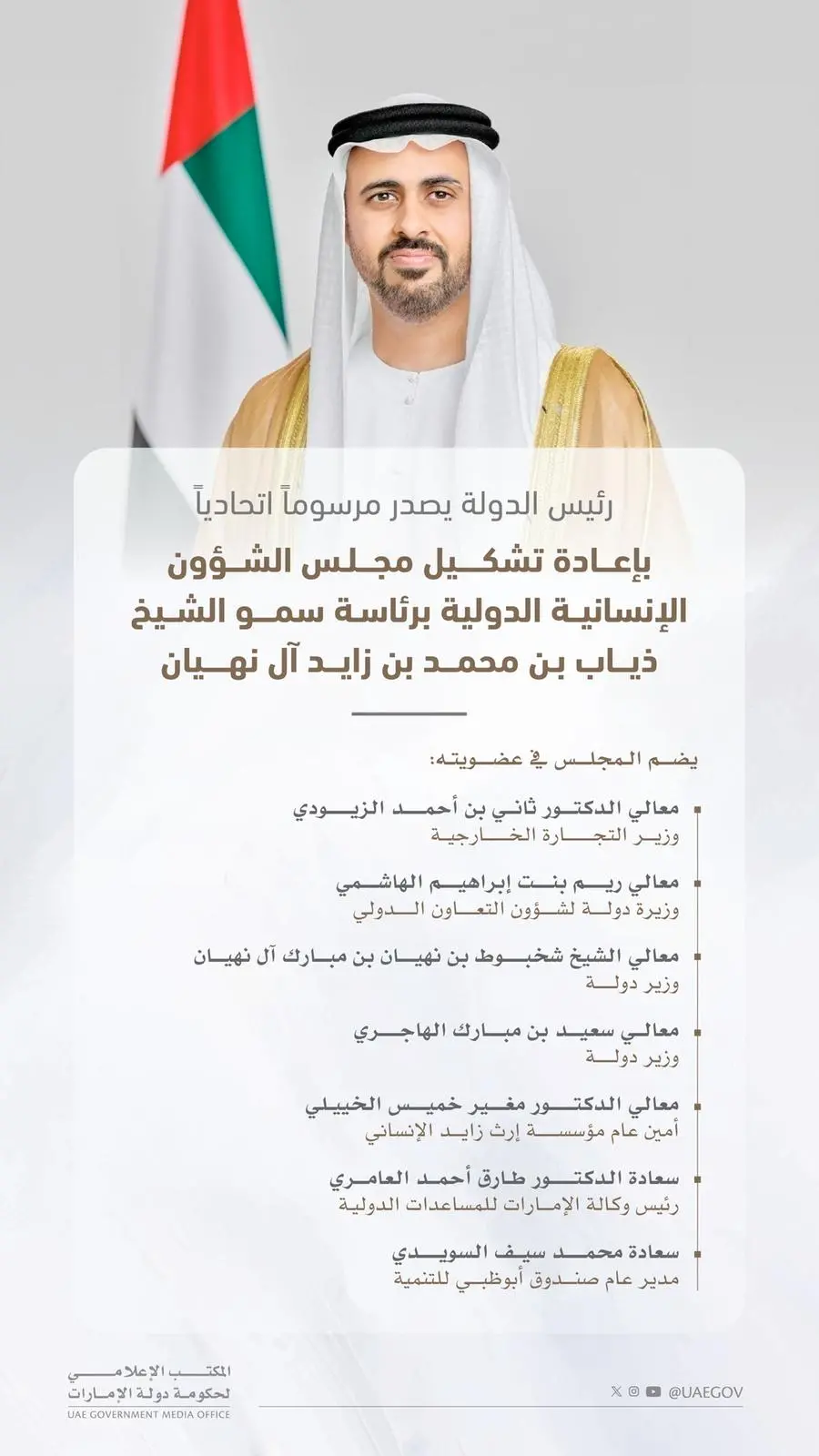 رئيس الدولة يصدر مرسوماً اتحادياً بإعادة تشكيل مجلس الشؤون الإنسانية الدولية برئاسة ذياب بن محمد بن زايد
