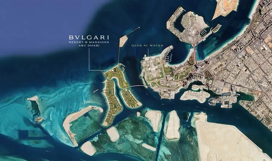 Location map of Bvlgari Resort & Mansions Abu Dhabi, which will come up on a private island.