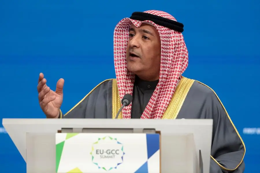 BRUSSELS, BELGIUM - OCTOBER 16: Gulf Cooperation Council (GCC) Secretary-General Jasem Mohamed Albudaiwi speaks to the media following the EU-Gulf Cooperation Council summit at Batiment Europa on October 16, 2024 in Brussels, Belgium. The meeting between members of the European Union (EU) and the Gulf Cooperation Council (GCC) is the first-ever summit between the regional intergovernmental bodies, and is set to cover geopolitical topics such as trade, and the ongoing conflicts in Ukraine and the Middle East. (Photo by Jean Catuffe/Getty Images). Image used for illustrative purpose. , Getty Images