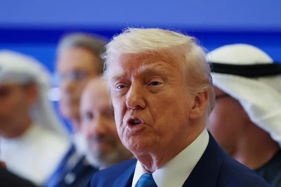 U.S. President Donald Trump speaks as he attends a business forum at Qasr Al Watan during the final stop of his Gulf visit, in Abu Dhabi, United Arab Emirates, May 16, 2025. REUTERS/Amr Alfiky
