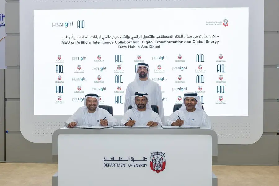 The Abu Dhabi Department of Energy (DoE) signed a strategic cooperation agreement with Presight and AIQ, focused on equipping the DoE with premier solutions in AI and digital transformation. Image Courtesy: DoE