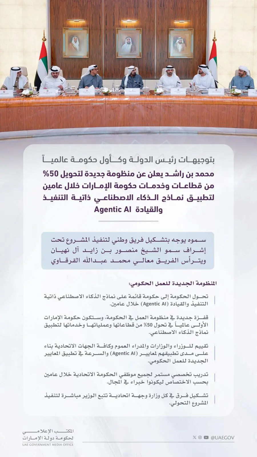 محمد بن راشد يعلن عن منظومة جديدة لتحويل 50% من قطاعات وخدمات حكومة الإمارات خلال عامين لتطبيق نماذج الذكاء الاصطناعي ذاتية التنفيذ والقيادة Agentic AI