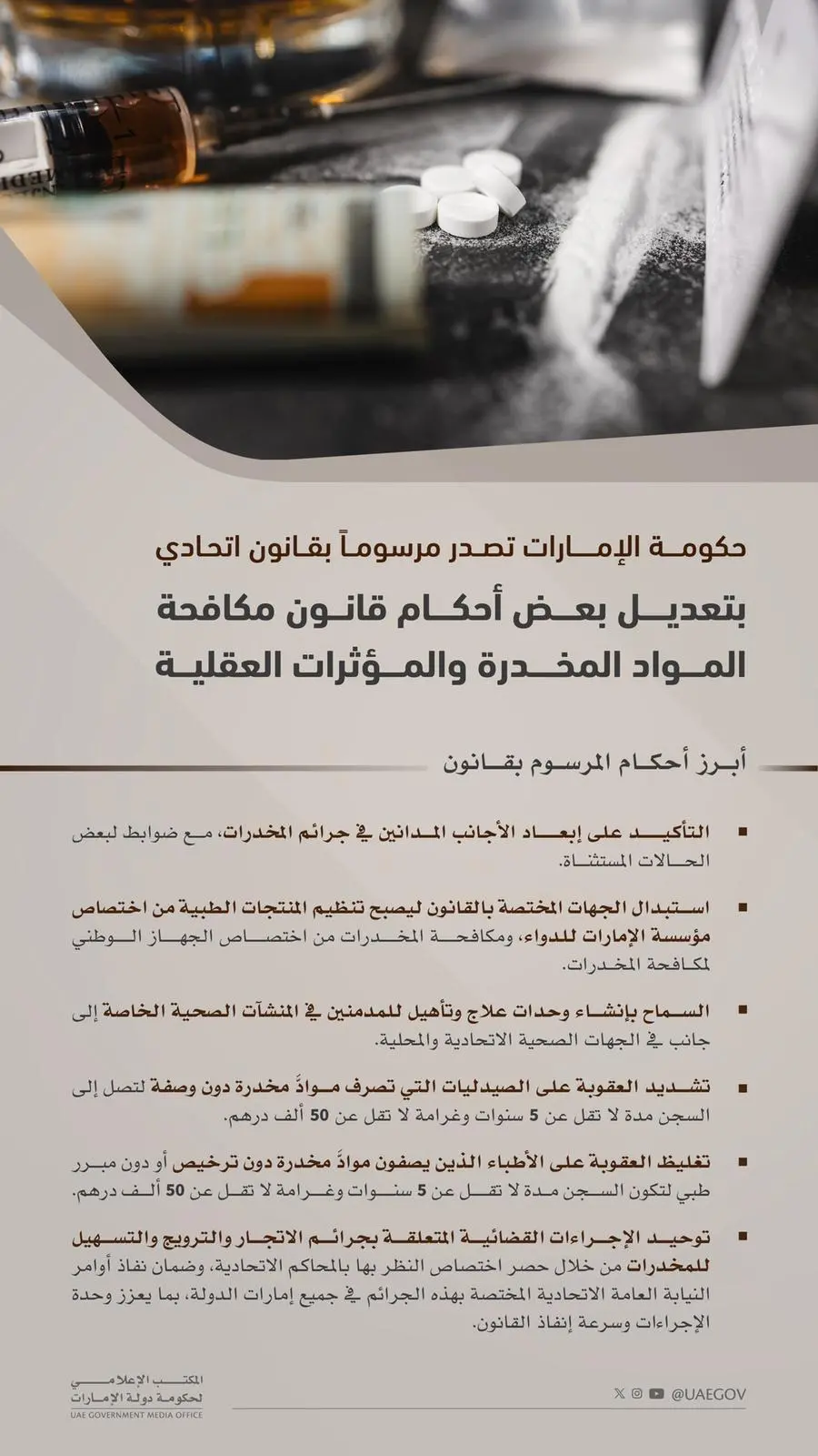 حكومة الإمارات تصدر مرسوماً بقانون اتحادي بتعديل بعض أحكام قانون مكافحة المواد المخدرة والمؤثرات العقلية