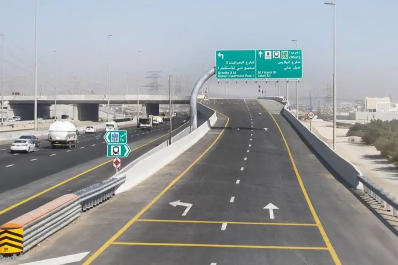 RTA opens 1.8km flyover to facilitate traffic flow to and from Dubai Investment Park. Image courtesy: WAM