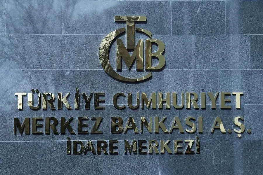 FILE PHOTO: A logo of Turkey\\'s Central Bank is pictured at the entrance to its headquarters in Ankara, Turkey February 8, 2024. REUTERS/Cagla Gurdogan. , Reuters