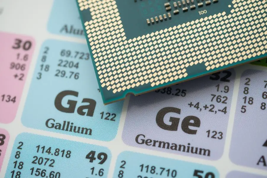 Ge (Germanium) Ga (Gallium) in the periodic table with CPU processor. US vs China chip war or tech war, microchip semiconductor industrial concept. China curbs on exports of rare germanium and gallium. Image used for illustrative purpose. Image courtesy: Getty Images/ Pla2na , Getty Images