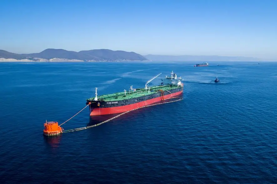 FILE PHOTO: The crude oil tanker Pink Stars is moored to a single point mooring (SPM) at the Caspian Pipeline Consortium\\'s Marine Terminal in Yuzhnaya Ozereevka near the Black Sea port of Novorossiysk, Russia, October 16, 2019. Caspian Pipeline Consortium (CPC)/Handout via REUTERS REUTERS.
