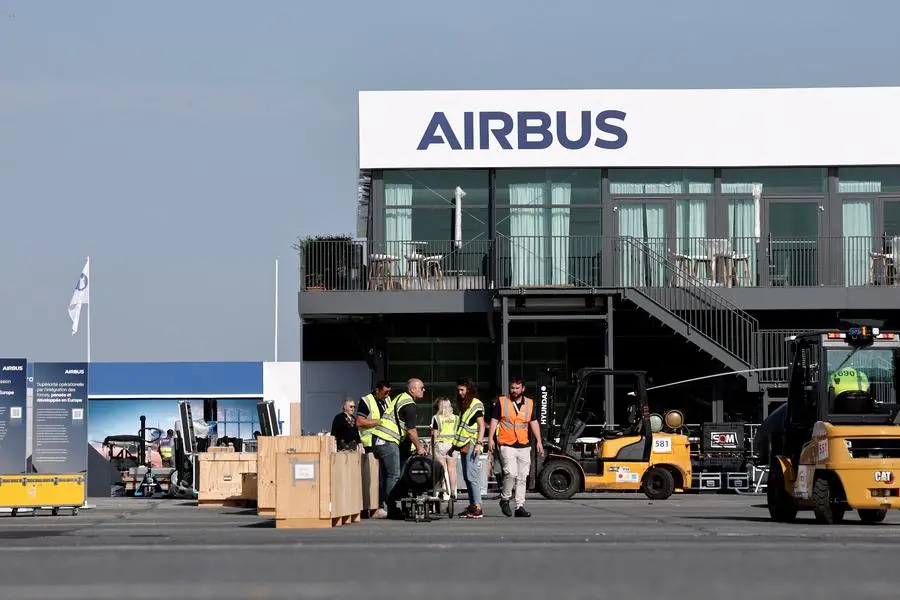 FILE PHOTO: An Airbus logo is seen before the opening of the 55th International Paris Airshow at Le Bourget Airport near Paris, France, June 13, 2025. REUTERS/Benoit Tessier. , Reuters