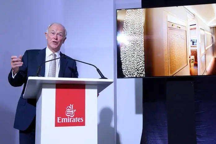 Sir Tim Clark, President of Emirates Airlines, gestures during a news conference at the Dubai Air Show in Dubai, UAE, November 12, 2017.   , Reuters Images/Satish Kumar