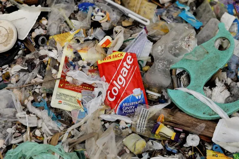 A sachet of Colgate toothpaste is pictured amidst a garbage-filled shore on Freedom Island, Paranaque City, Metro Manila, Philippines, July 15, 2019. , Reuters Images/Eloisa Lopez 