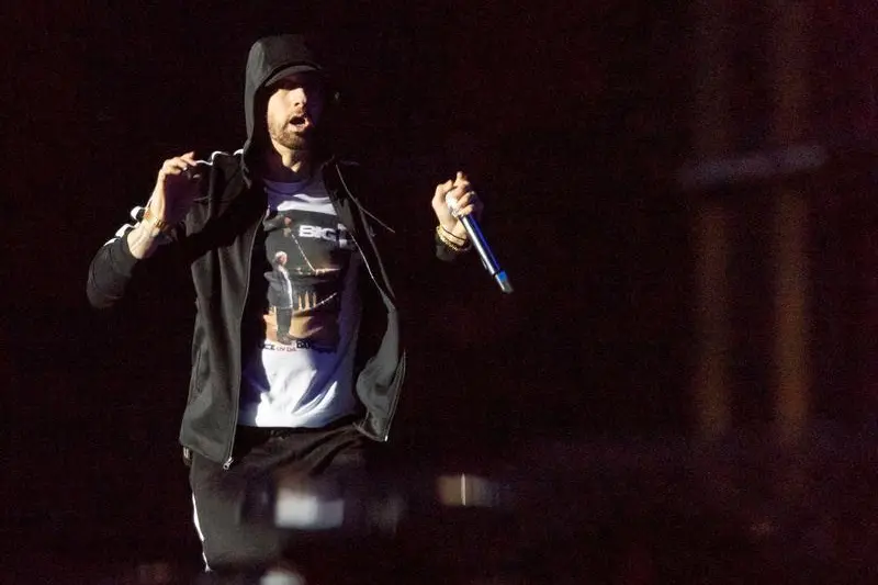 American rap singer Eminem performs at the Orange Stage during Roskilde Festival 2018, in Roskilde, Denmark, July 4, 2018. Picture taken July 4, 2018. Ritzau Scanpix/Torben Christensen/via REUTERS.