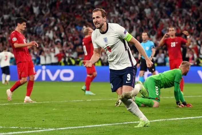 Soccer Football - Euro 2020 - Semi Final - England v Denmark - Wembley Stadium, London, Britain - July 7, 2021 England\\'s Harry Kane celebrates scoring their second goal. , Laurence Griffiths