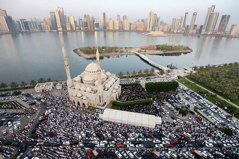 Muslims offer Eid al-Fitr prayers outside Al Noor Mosque on July 17, 2015 in Sharjah, United Arab Emirates.\\r\\nImage used for illustrative purpose. , Getty Images