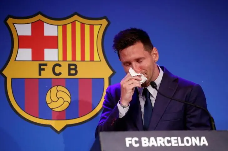 Soccer Football - Lionel Messi holds an FC Barcelona press conference - 1899 Auditorium, Camp Nou, Barcelona, Spain - August 8, 2021 Lionel Messi during the press conference. , Reuters Images/Albert Gea     