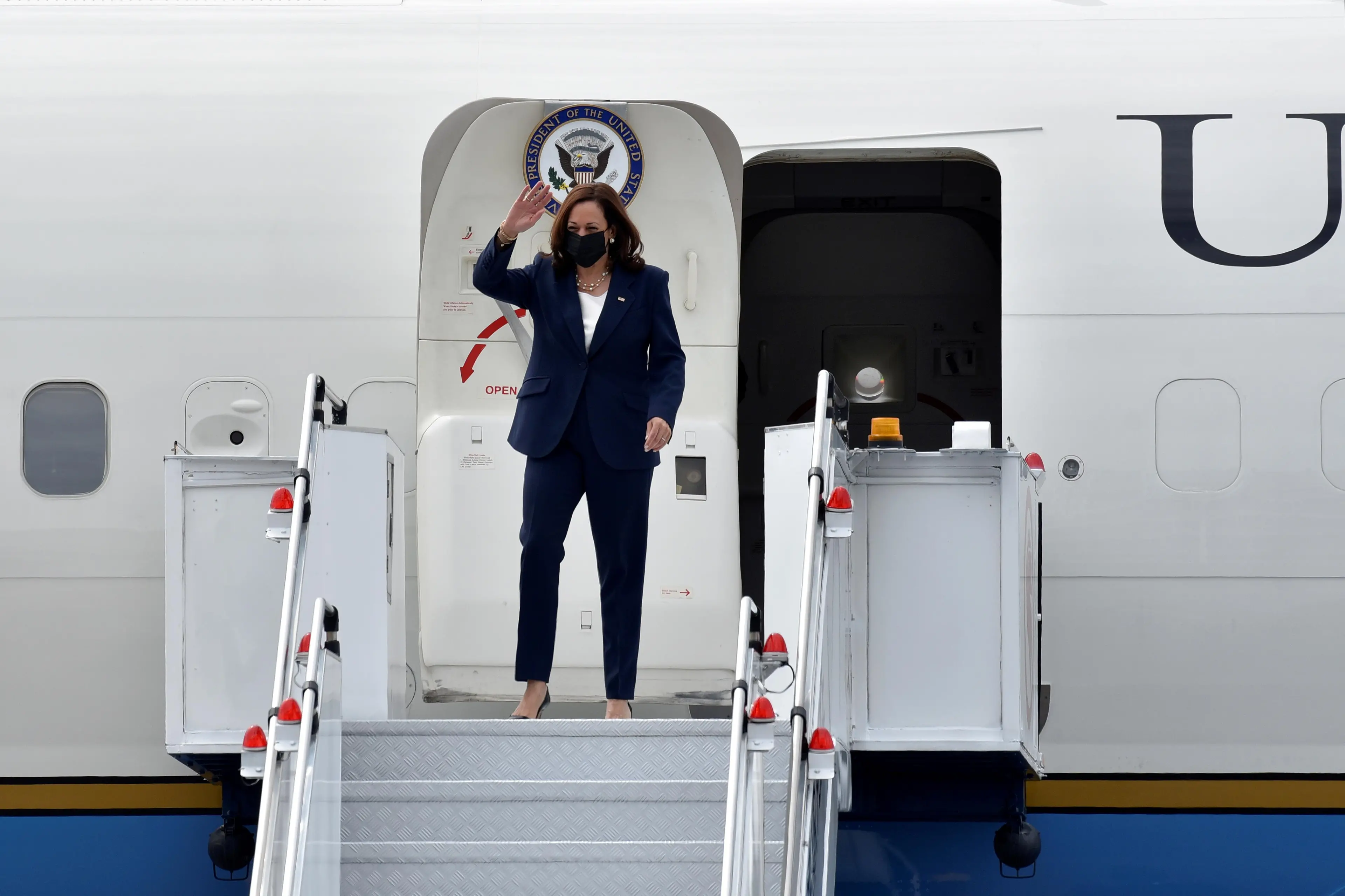 U.S. Vice President Kamala Harris arrives at Paya Lebar Air Base in Singapore August 22, 2021. REUTERS , Caroline Chia